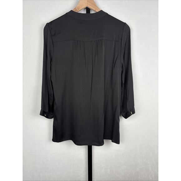 Elizabeth McKay Pleated Blouse 8 Black Women's Silk Blend Gold Button 3/4 Sleeve - Picture 9 of 13